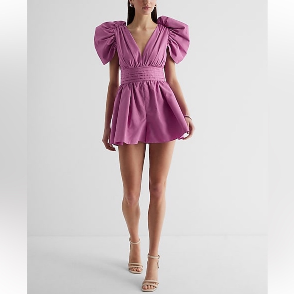 Express V-Neck Puff Sleeve Pleated Purple Romper 0